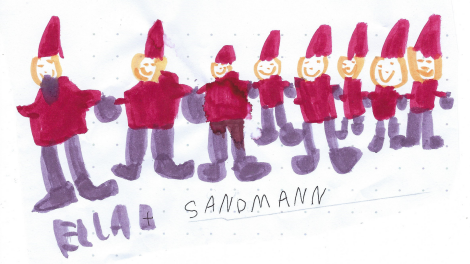 Kinderzeichnung von Ella (5) Cunnersdorf (Glashütte): Viele Sandmännchen in einer Reihe