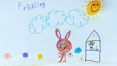 Kinderzeichnung Helene (7) Lauterbach im Erzgebirge: Ein Frühlingsbild mit einem Osterhasen und Baumhaus