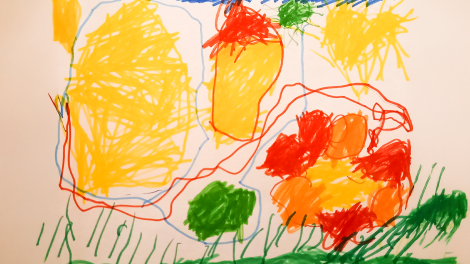Eine bunte Kinderzeichnung von Björn aus Kamenz für das Sandmännchen: Ein Haus mit Blumen und grüner Wiese.