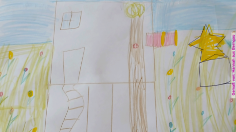 Kinderbilder im Monat Mai für das Sandmännchen: Baumhaus mit Stern auf Blumenwiese