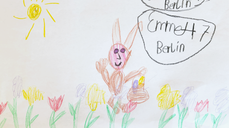 Kinderbilder im Monat Mai für das Sandmännchen: Von Emmett ein schönes Osterbild mit Osterhasen auf einer Blumenwiese