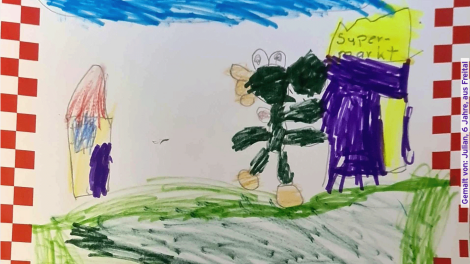 Kinderbilder im Monat Mai für das Sandmännchen: Von Julian ein Frosch vor einem Supermarkt
