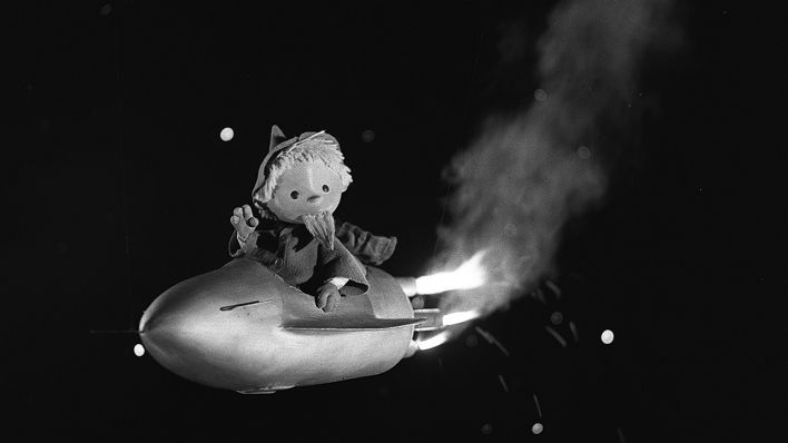 Der Sandmann fliegt euf einer Rakete durch den Weltraum Der Sandmann fliegt euf einer Rakete durch den Weltraum
